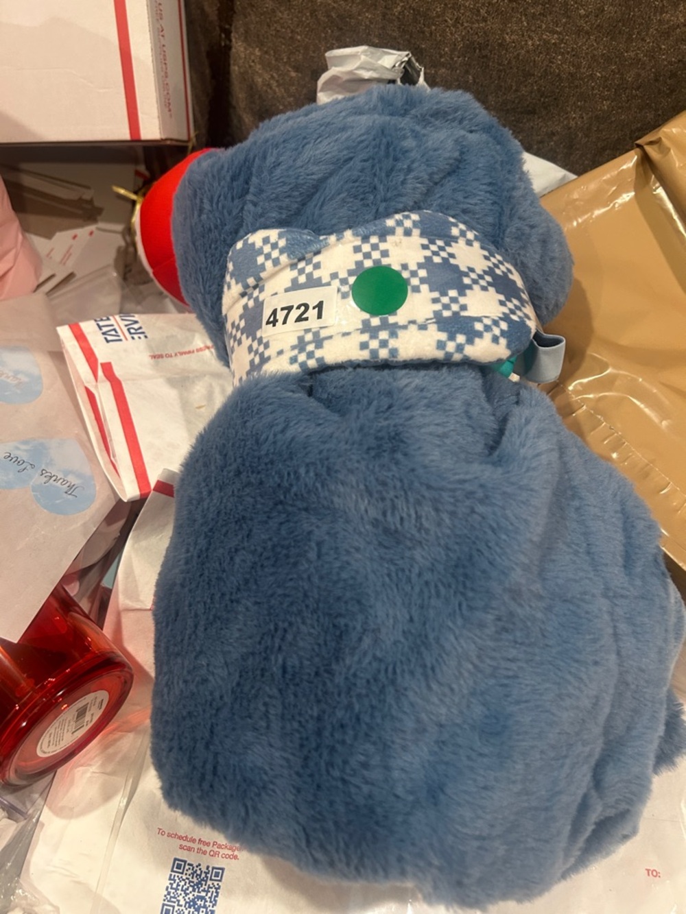 Blue Plush Throw Blanket with Patterned Strap